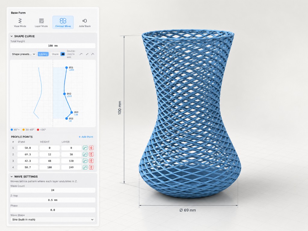 3D Synth: contour-wave settings on the left, a blue woven vase 100 mm high on the right.