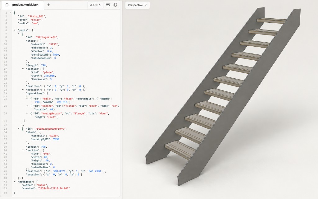 Kernel session: a JSON product model of a stair on the left, the generated stair with steel stringers and wooden treads on the right.