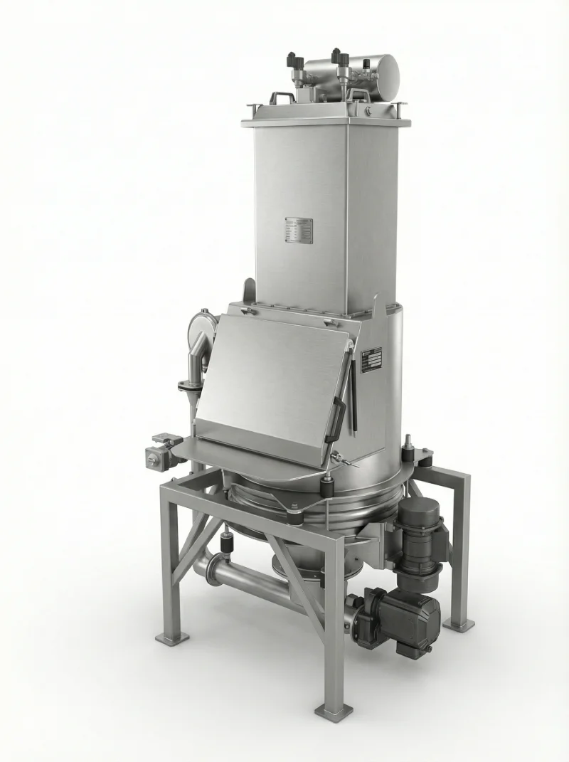 Stainless process machine on a steel frame, with a tall housing, a sloped hatch, pipework and two motors.