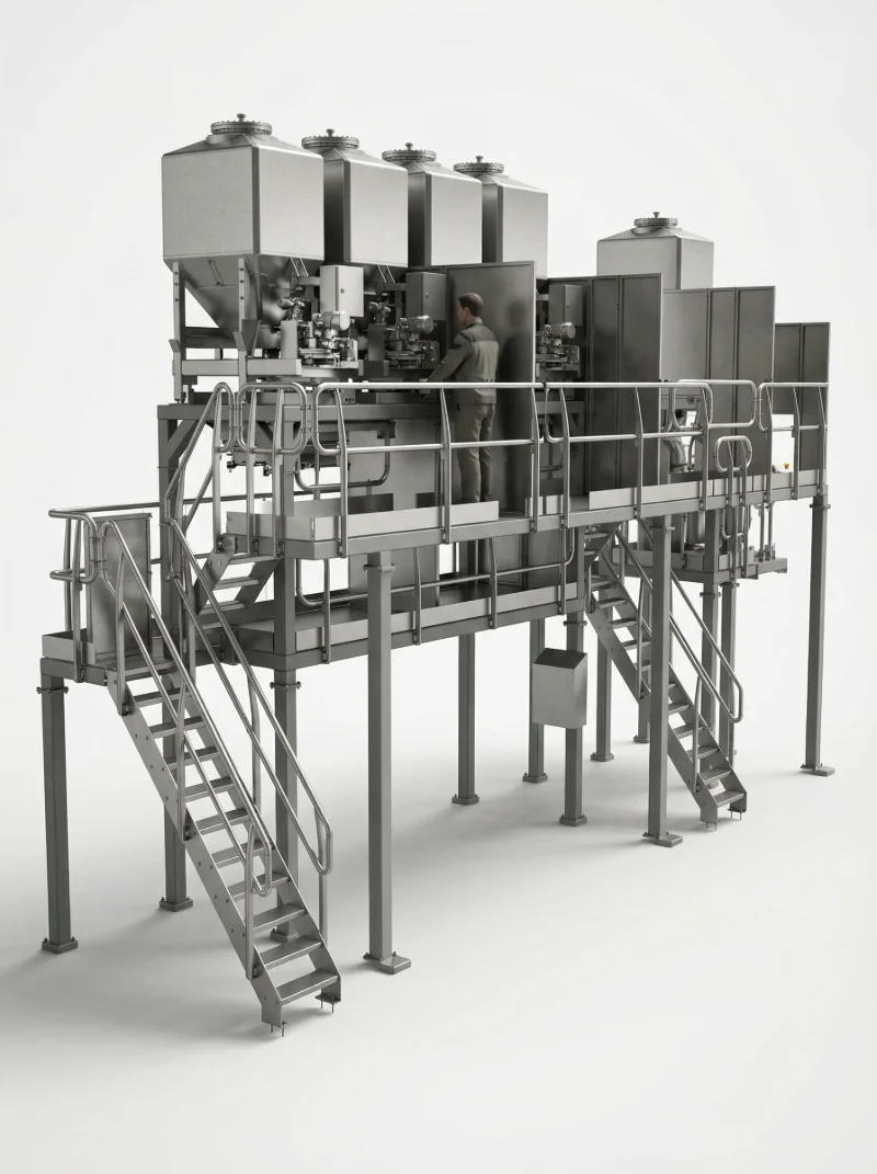 Steel process installation with hoppers, a platform, guard rails and two stairs. A figure stands on the platform.