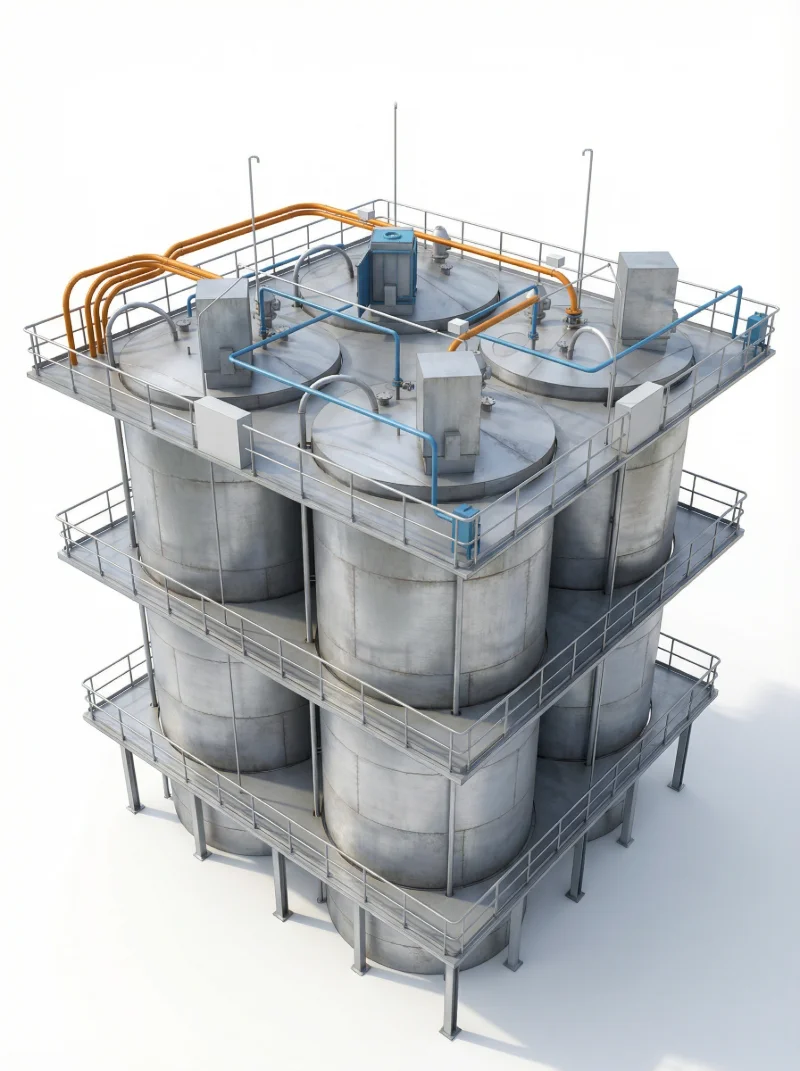 Group of cylindrical tanks in a steel rack with three levels of guard rails and pipework on the roof.