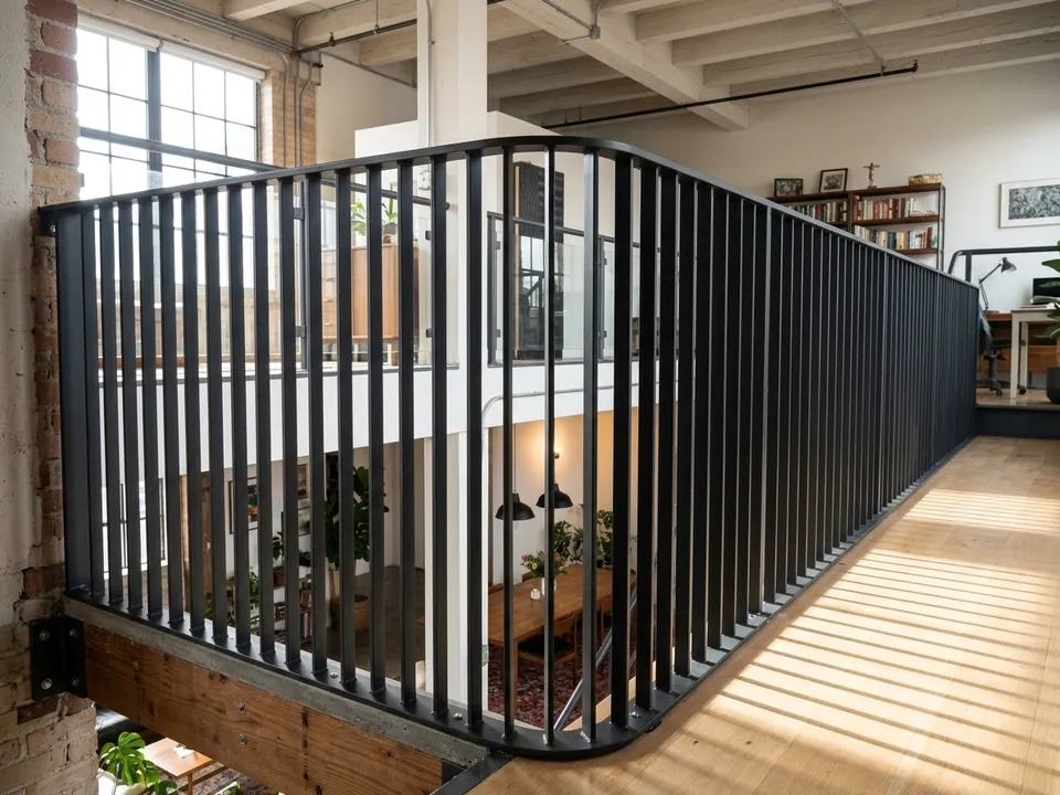 Black steel balustrade with vertical bars following a curve along a void in a loft.
