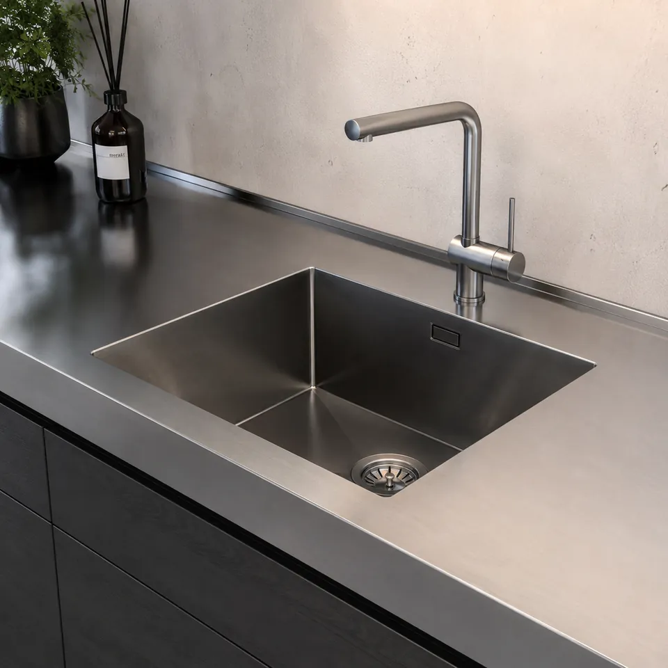 Stainless worktop with a welded-in sink and mixer tap.