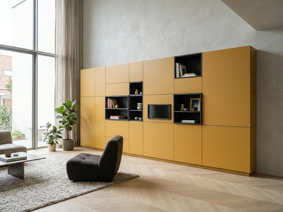 Ochre handle-less cabinet wall with open black boxes in a bright living room.