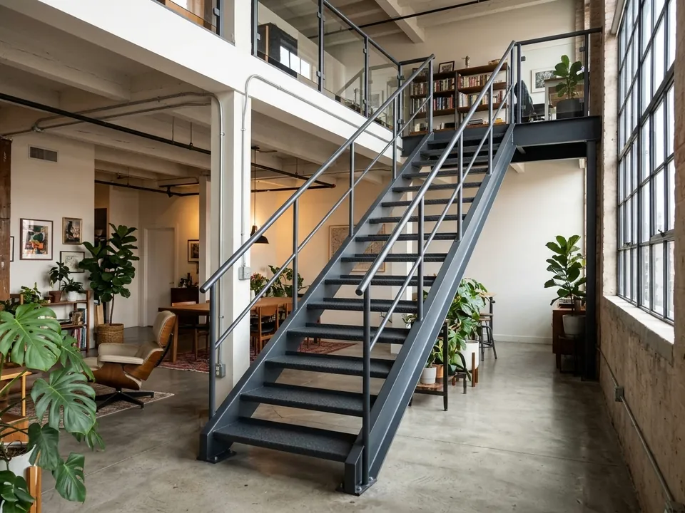Steel stair with UPN stringers and handrails up to a landing in a loft.