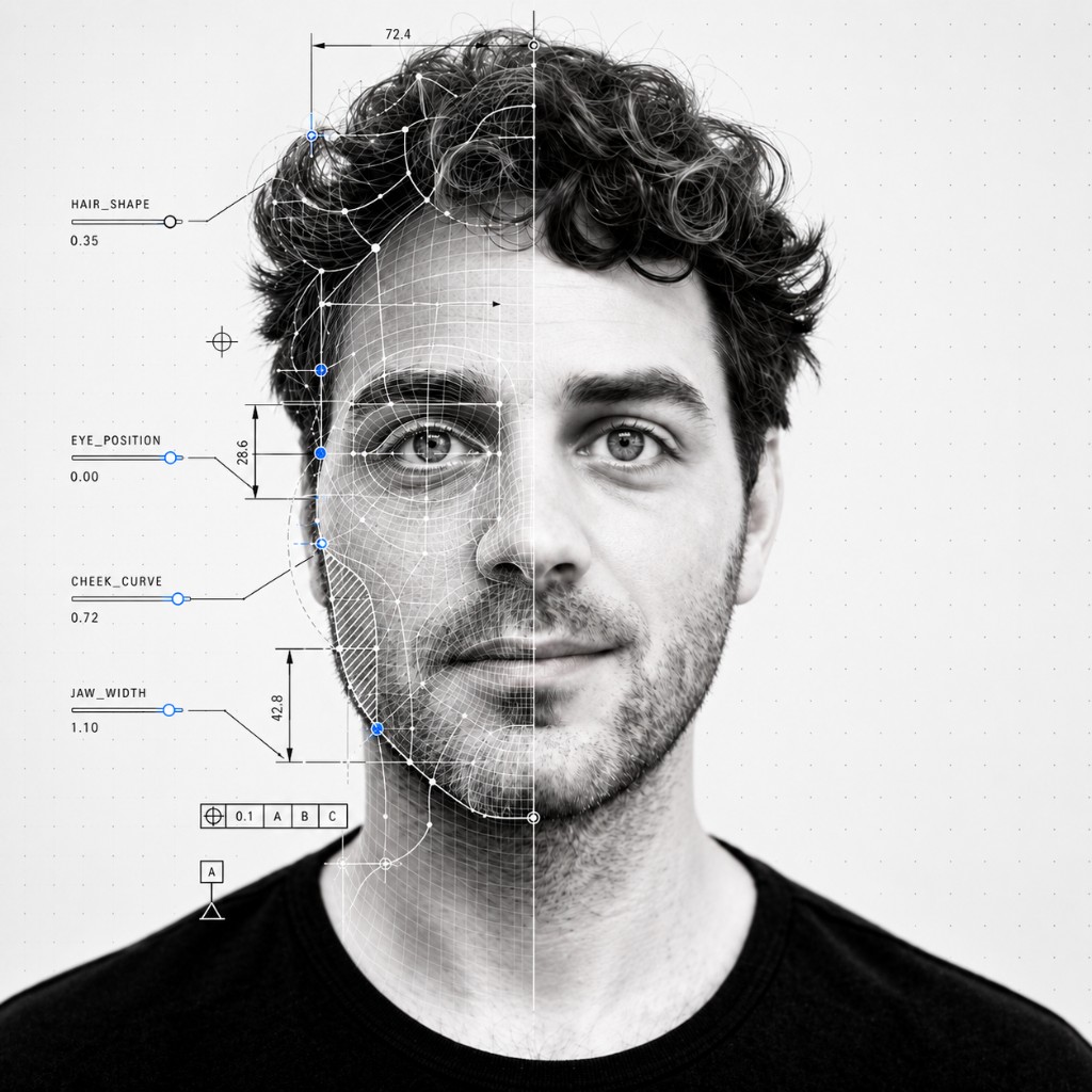 Black-and-white portrait of Dennis Vercauteren, with CAD dimensions over the face.