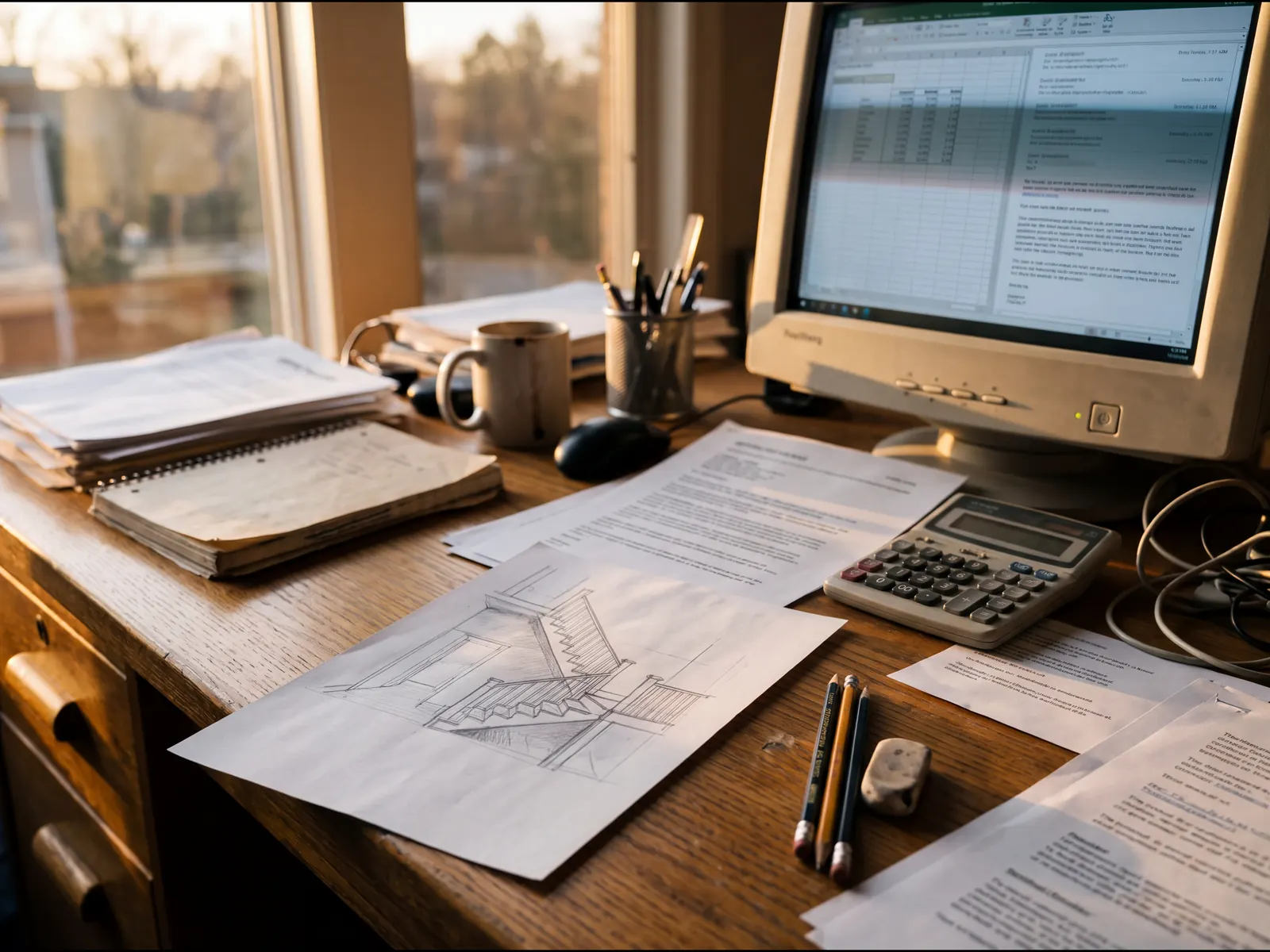 A desk with a sketch of a stair, a calculator, printed emails and a spreadsheet on an old monitor.