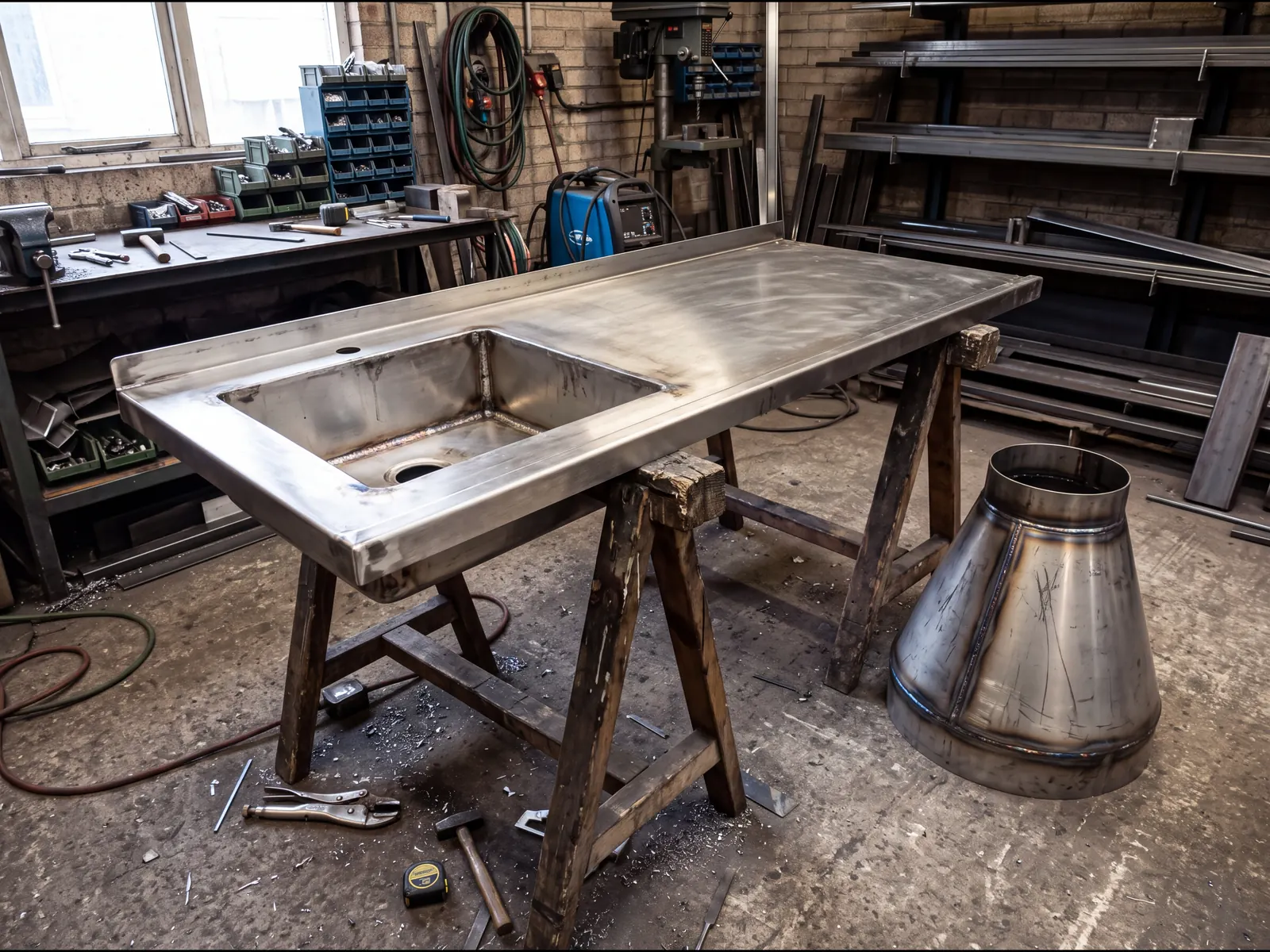 Een inox werkblad met ingelaste spoelbak en geplooide randen op schragen, met een kegelvormig verloopstuk ernaast.