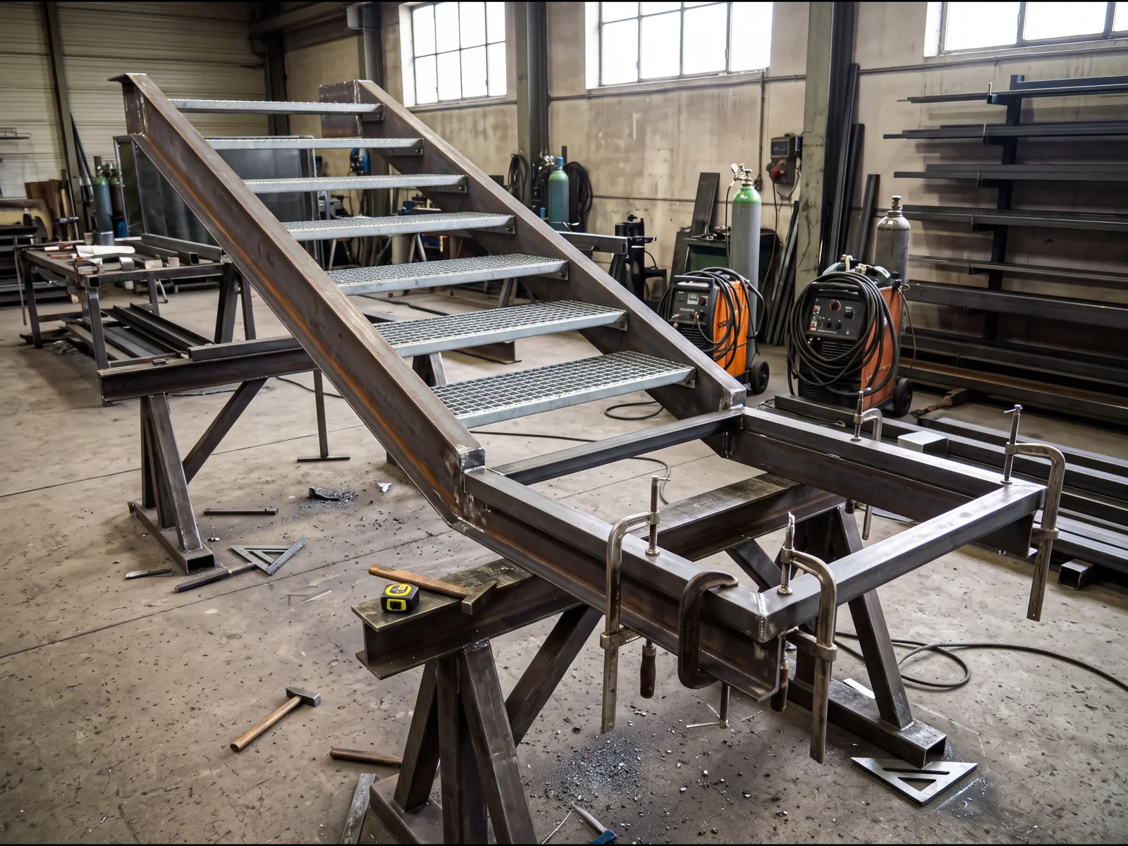 A steel stair with UPN stringers and grating treads being assembled in a workshop, its landing frame held in clamps.