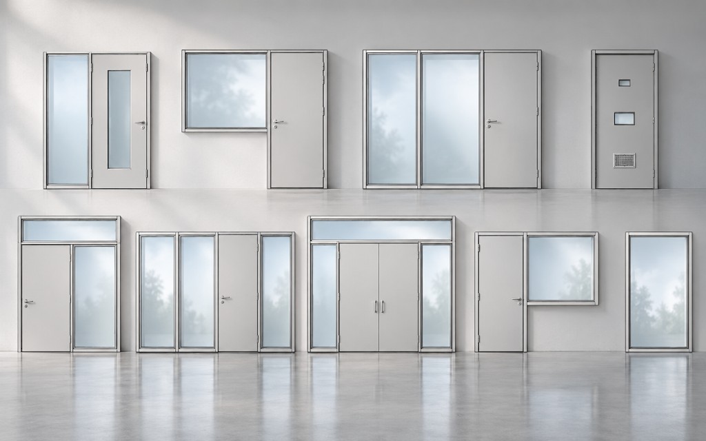 Nine anonymised door and window variants in a hall: solid doors, glazed doors, sidelights and transoms, with no client branding.