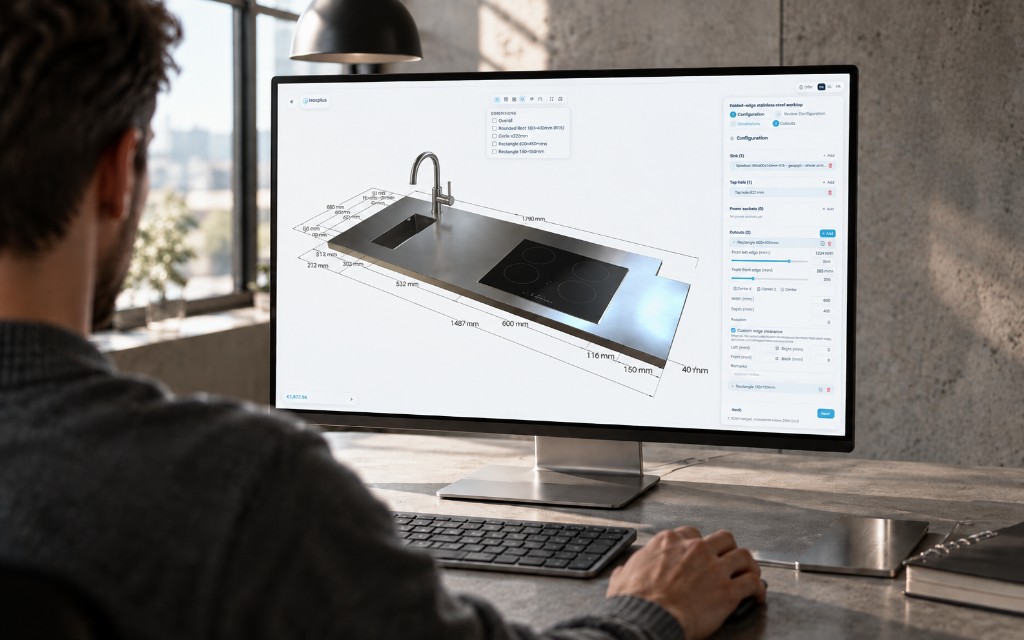 Someone using the Inoxplus configurator on a monitor: a stainless worktop with sink, hob, dimensions and an options panel.