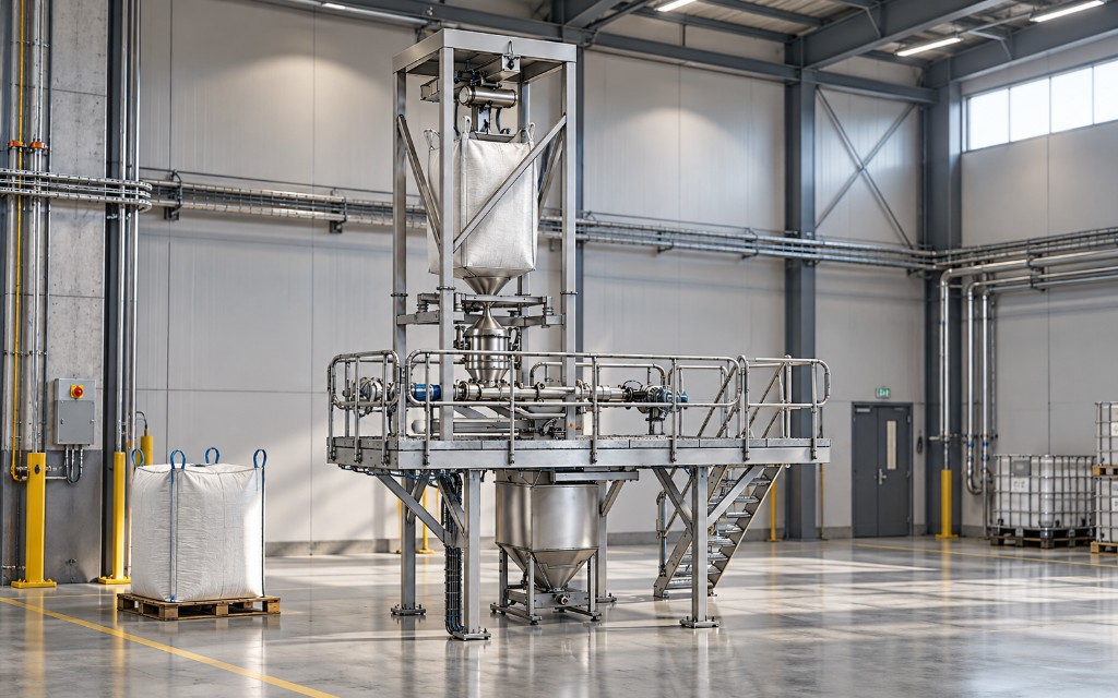 Industrial process installation in a hall, with a hopper tower on a grated platform, a stair, a bulk bag on a pallet, and IBC tanks.