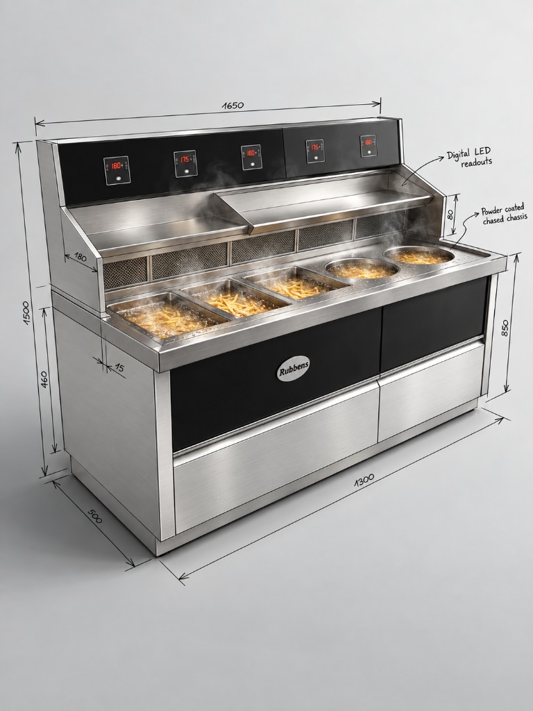 Stainless fryer station with GN pans, digital LED readouts and dimensions, Rubbens badge.