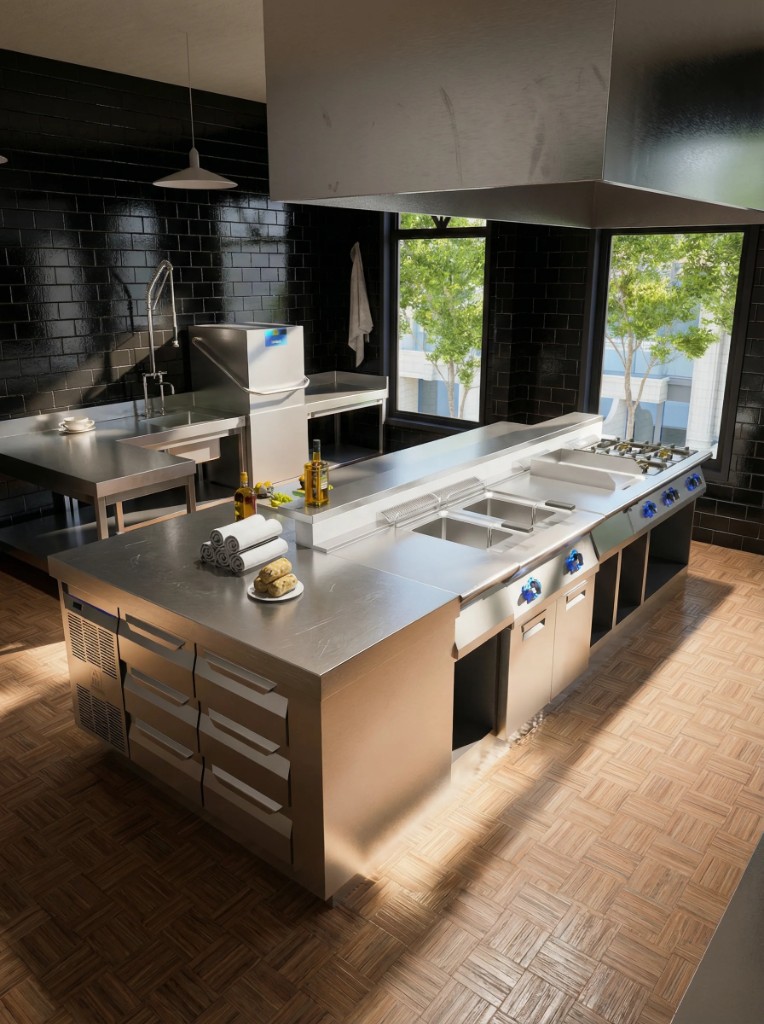 Stainless kitchen line in a dark tiled room, with an island, sinks, hob and extraction hood.