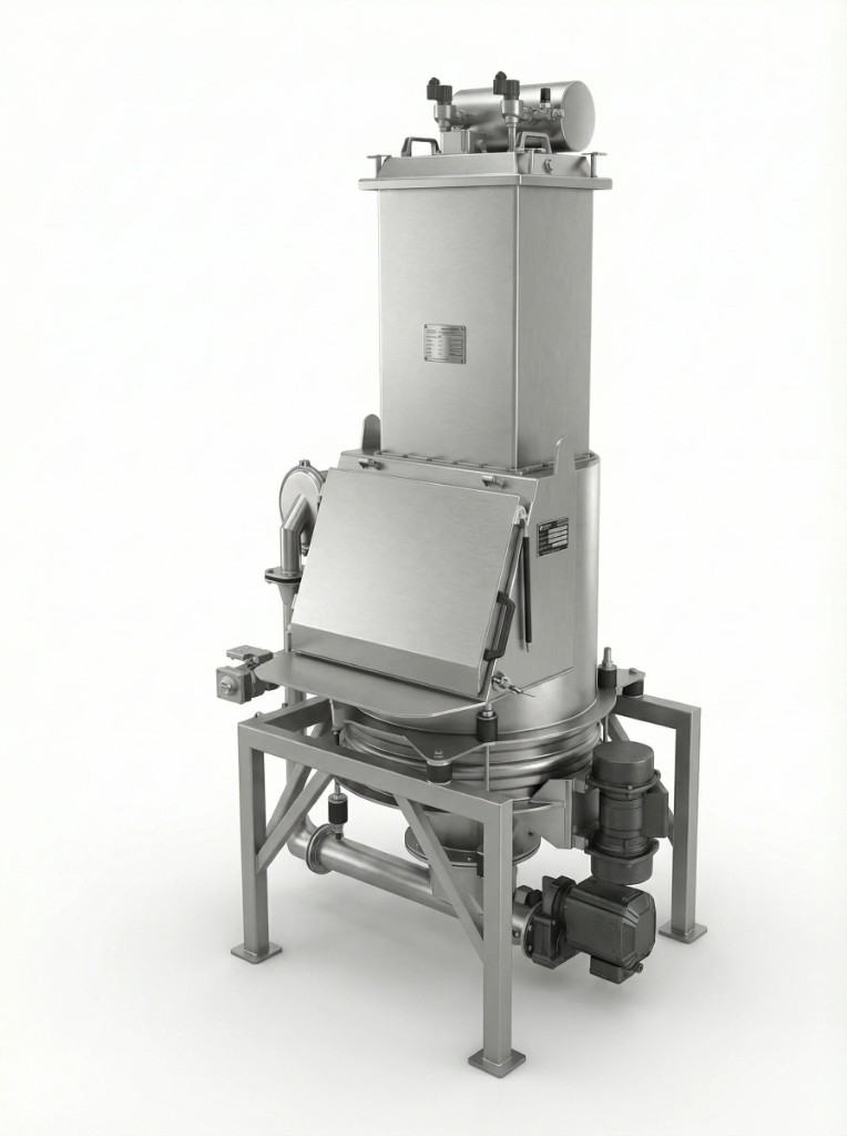 Stainless process machine on a frame, with a hopper, hatch, pipework and drives.