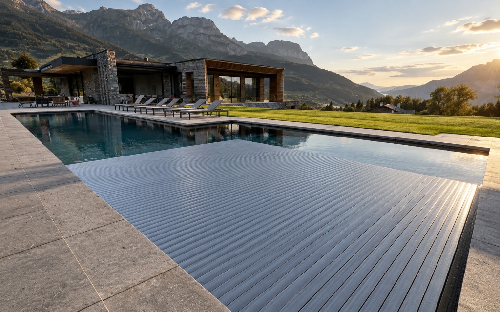 Swimming pool with a slatted cover half extended, beside a house in the mountains.