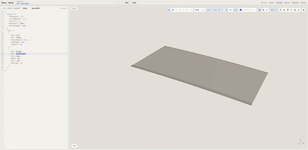 Gerolde plaat in de kernel-playground. Het programma beschrijft een rol, en daarna een kleine flange.