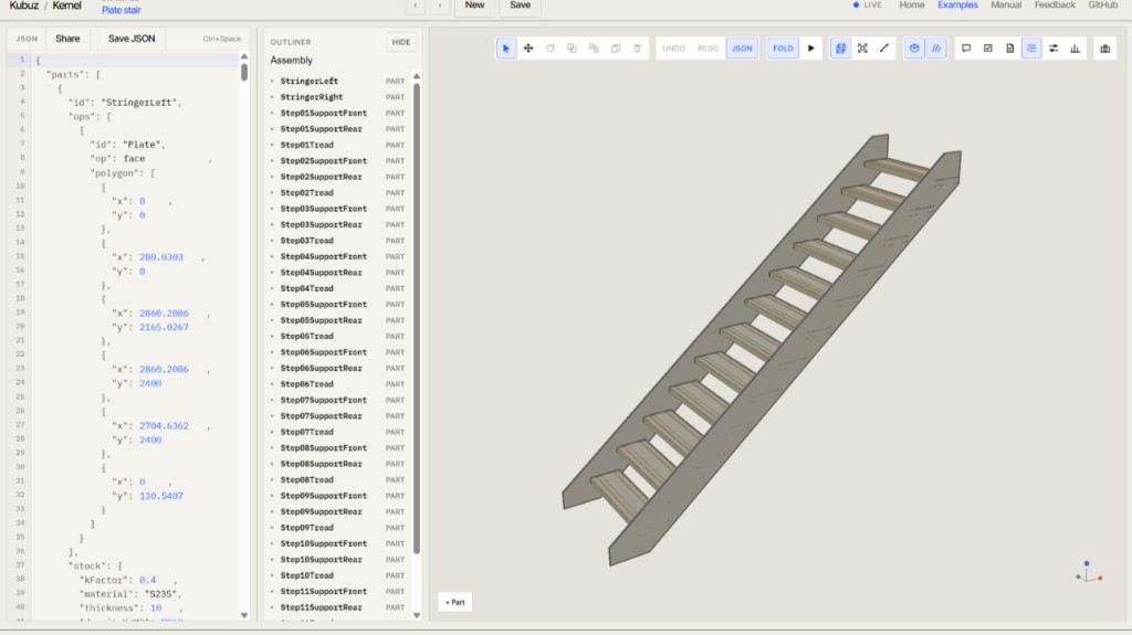 Plaatstaaltrap in de kernel-playground: links het fabricageprogramma, rechts de gegenereerde trap.