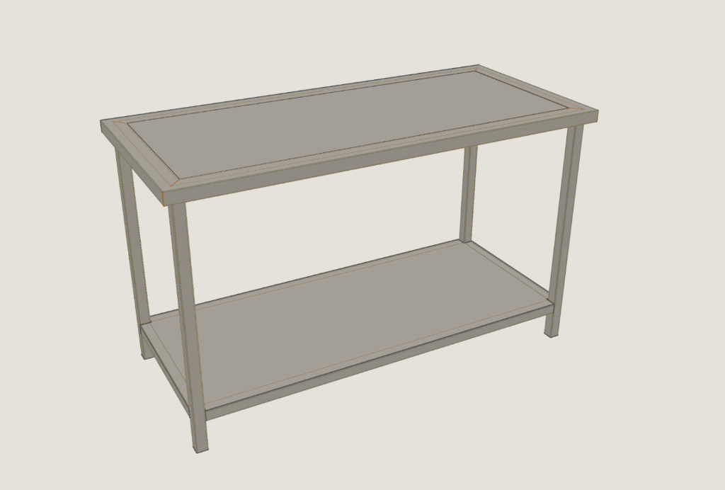 Werktafel uit de kernel, met een geplooid plaatblad, een stalen frame en een onderste schap.