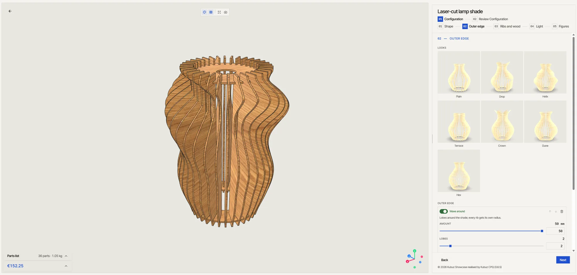 The laser-cut lamp shade configurator: a shade of plywood ribs slotted into two rings, with a choice of looks and a wave effect on the outer edge.