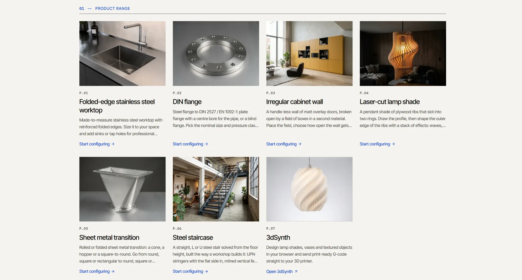 The product range on showcase.kubuz.net: a stainless worktop, a DIN flange, an irregular cabinet wall, a laser-cut lamp shade, a sheet metal transition and a stair.
