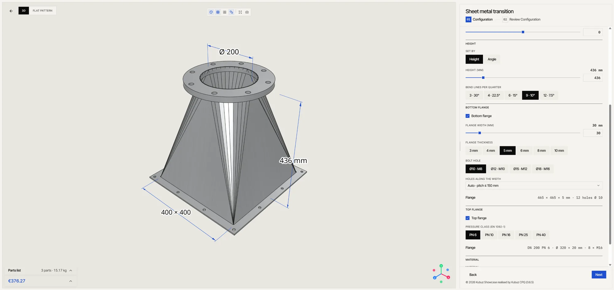 The sheet metal transition configurator: a square-to-round transition with a bolted bottom flange and a DIN top flange, its dimensions on the model, and the parts list and price below.