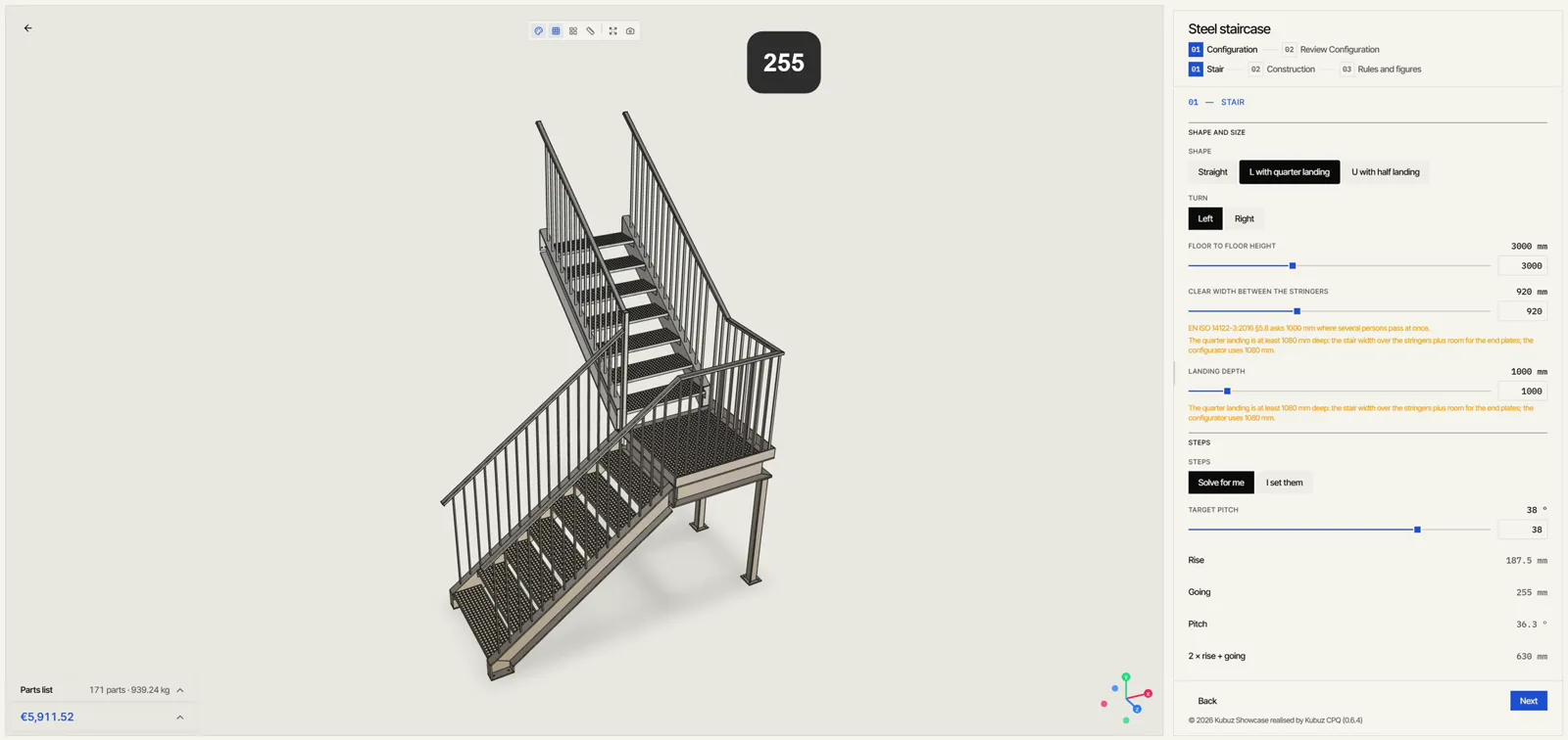 The configurator for the steel stair: an L-shaped stair with a quarter landing, frame, treads and railing, with floor height, width and rise in the panel beside it.