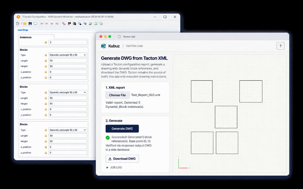 Tacton Studio met dynamische blokken naast de Kubuz-app, die uit een Tacton XML-rapport een AutoCAD-tekening met vijf rechthoeken heeft gemaakt.