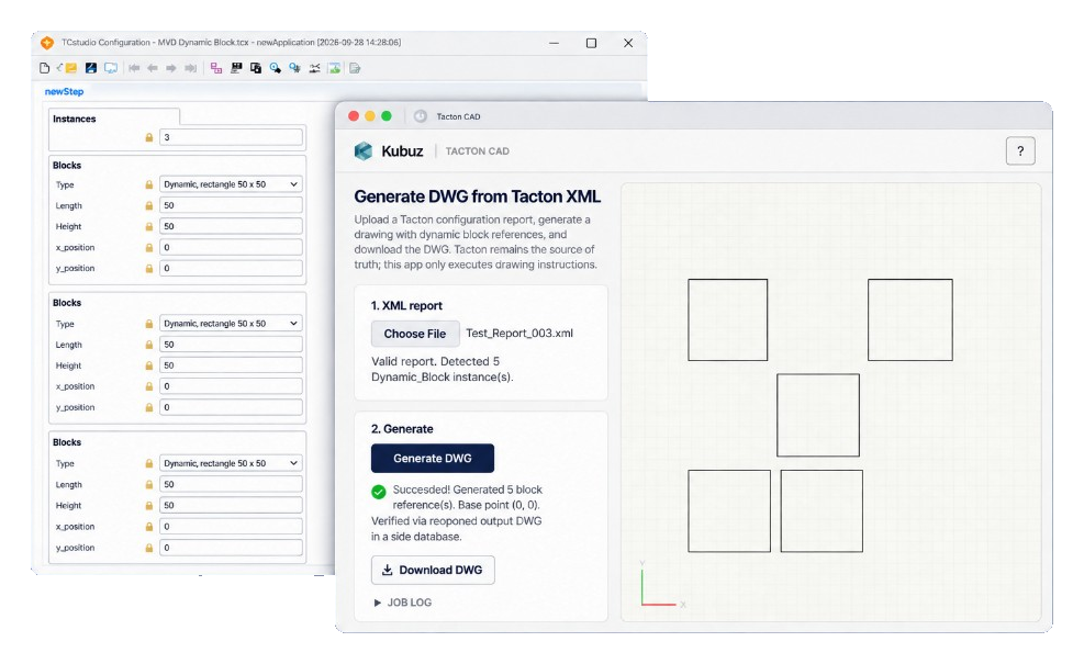 Tacton Studio with dynamic blocks beside the Kubuz app, which has generated an AutoCAD drawing of five rectangles from a Tacton XML report.